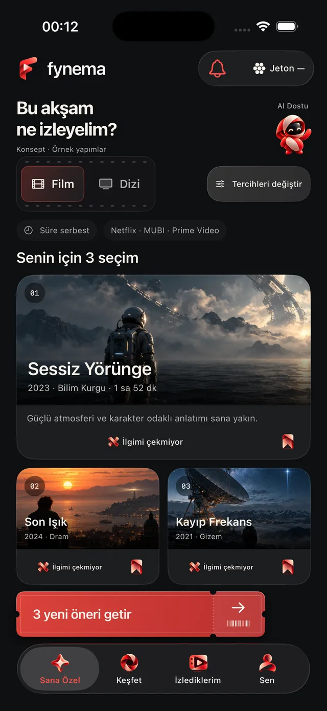 Fynema home screen: three movie picks under the heading What should we watch tonight?