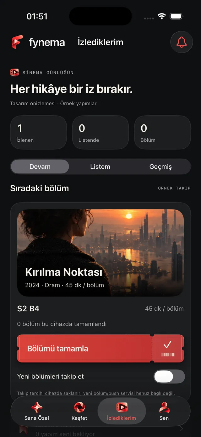 Fynema Watching screen: next episode card and Complete episode button