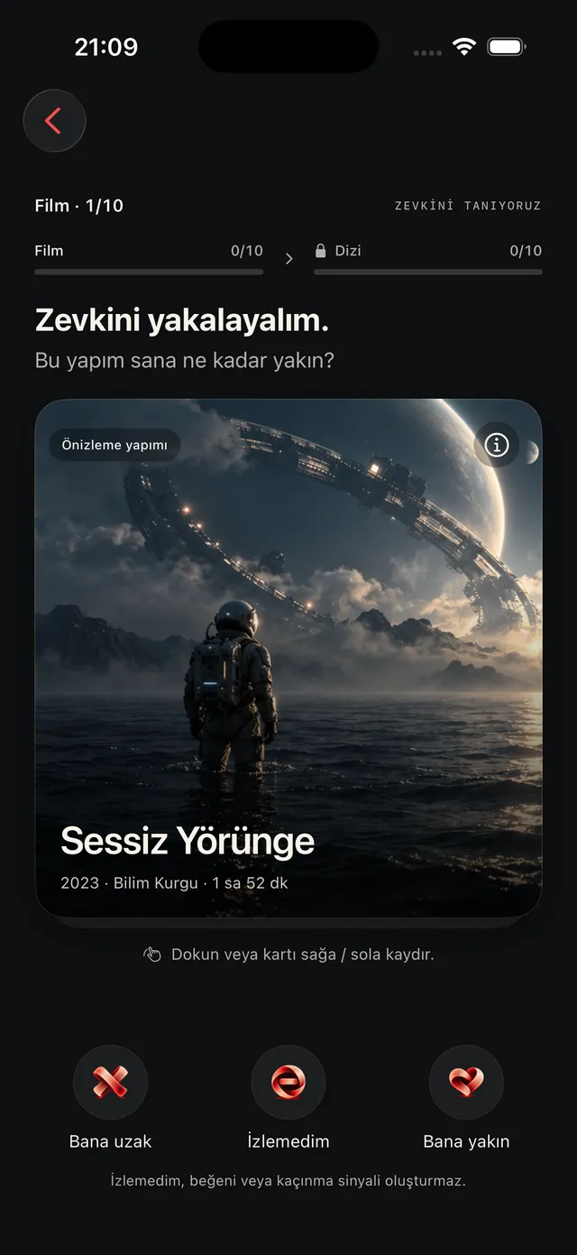 Taste learning screen with Not for me, Haven't seen and Into it buttons
