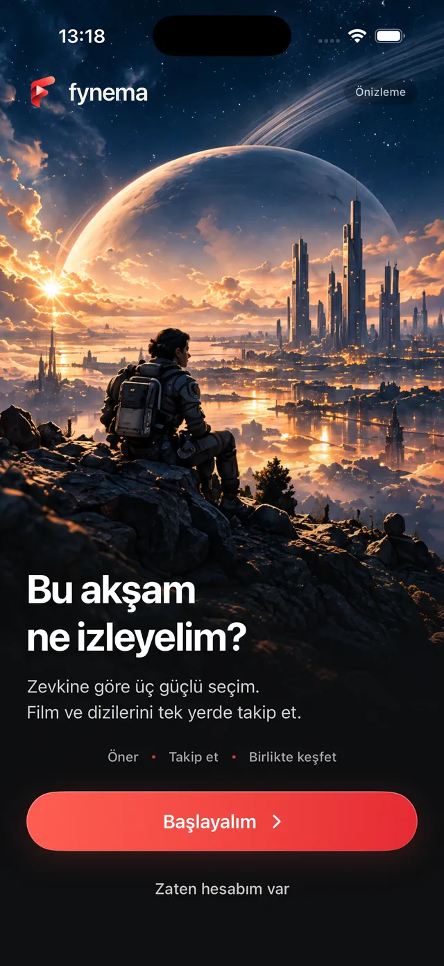 Fynema welcome screen: an explorer overlooking a planet and a city